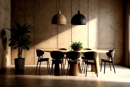 Interior of modern dining room with wooden walls, concrete floor and long wooden table with chairs....