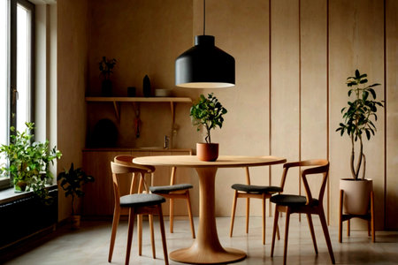 Interior of a modern dining room with a wooden wall and furniture
