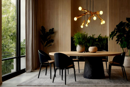 Interior of a modern dining room with wooden table and black chairs
