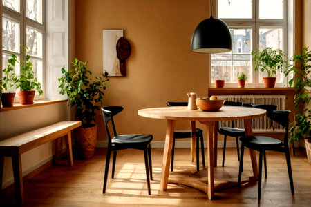 Interior of modern dining room with wooden table, chairs and plants