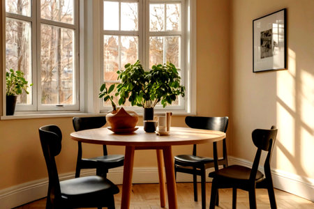 Interior of modern dining room with wooden table, chairs and plants