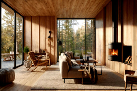 Interior of modern wooden house, living room with fireplace and sofaの写真素材