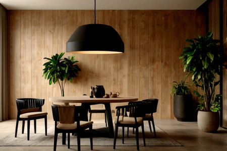 Interior of modern dining room with wooden wall, furniture and plant