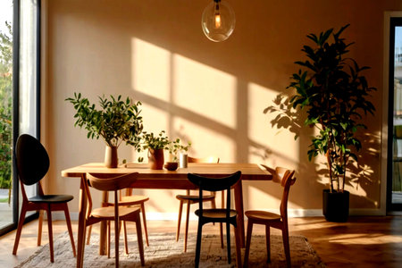 Interior of modern dining room with wooden table, chairs and plants