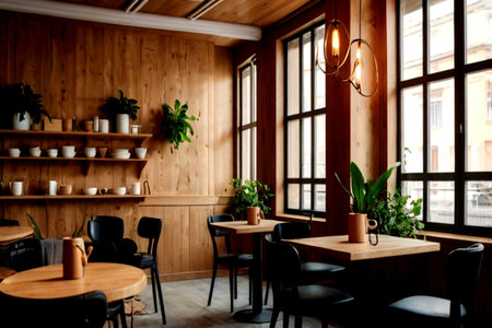 interior of a modern cafe with wooden walls and dark wooden floor