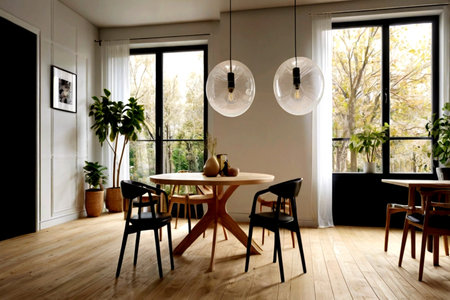 Interior of a modern dining room with wooden table and black chairs