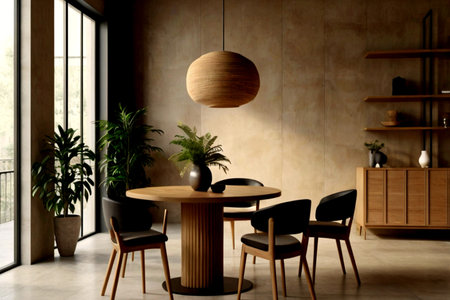 Interior of modern dining room with brown walls, concrete floor, round wooden table with black...