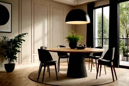 Interior of a modern dining room with wooden table and black chairsの写真素材