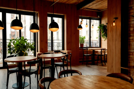 Interior of a modern cafe with wooden walls and wooden furniture.