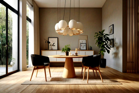 Interior of modern dining room 3D rendering.There are wooden floor,wooden walls,decorated with...
