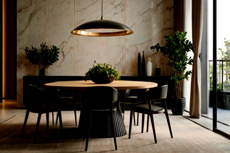 Interior of a modern dining room with black chairs and a tableの写真素材