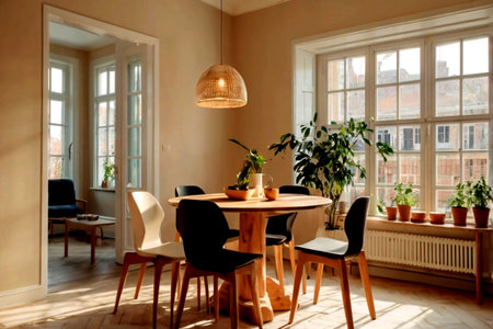 Interior of modern dining room with wooden table and chairs. Nobody insideの写真素材
