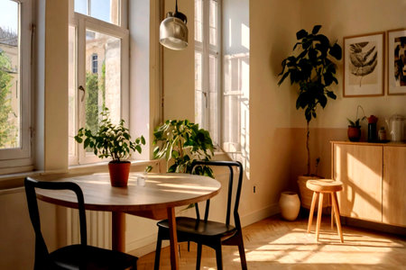 Interior of a living room with a wooden table, chairs and plants