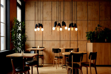 Interior of a modern cafe with wooden walls, tables and chairs