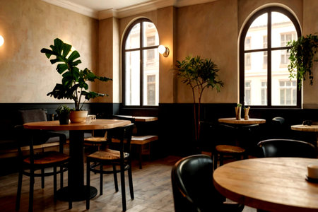 Interior of a cafe with tables, chairs and decorative plants.