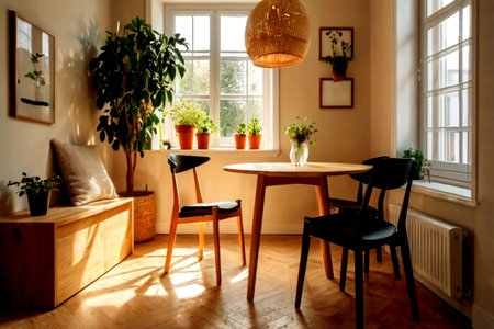 Interior of a modern dining room with wooden furniture and plants.の写真素材