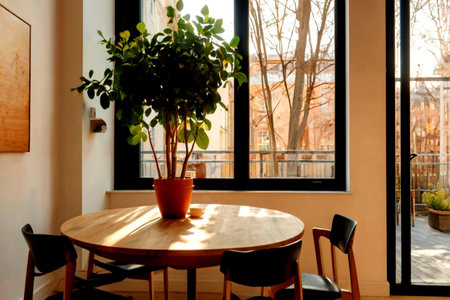Interior of a cafe with wooden tables, chairs and plants.