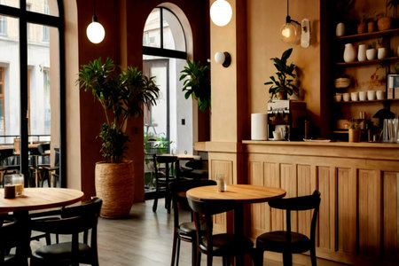 Interior of a modern cafe with wooden tables, chairs and plantsの写真素材
