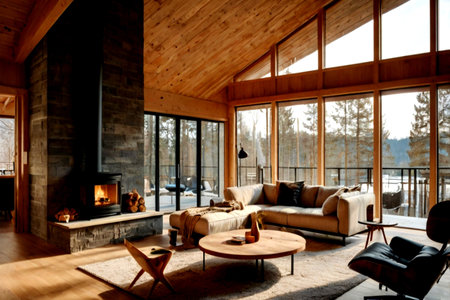 interior of modern chalet, living room with fireplace and wooden floorの写真素材
