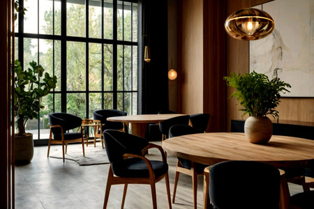 Interior of a modern cafe with wooden walls and black leather chairs