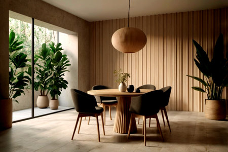 Interior of modern dining room with wooden wall, furniture and plants