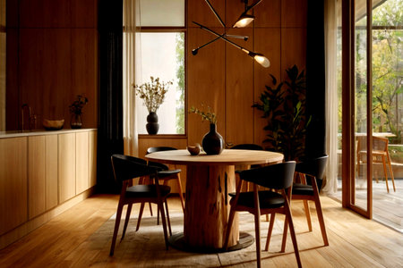 Interior of a modern dining room with wooden table and black chairs