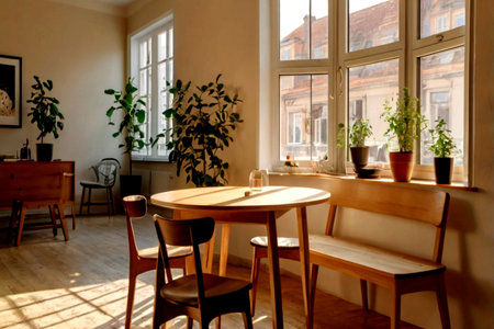 interior of a cafe with wooden tables and chairs in the sunlight