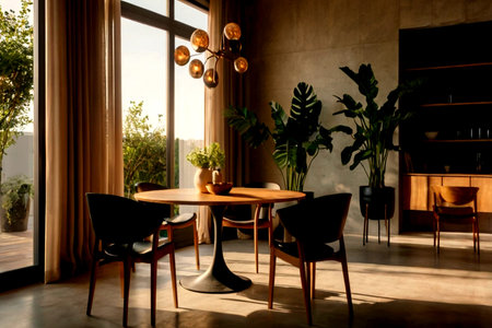 Interior of modern dining room with wooden table, chairs and plants.