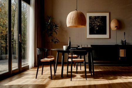 Interior of a modern dining room with black walls, wooden floor and wooden furnitureの写真素材