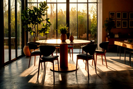 Interior of modern dining room with wooden table and black chairs in sunlight