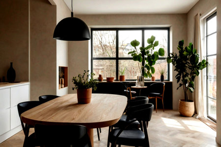 interior of modern dining room with wooden table, chairs and plantsの写真素材