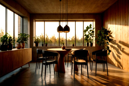 Interior of modern cafe with wooden walls, concrete floor and black chairs. 3d render