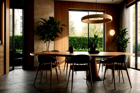 Interior of modern dining room with wooden walls, concrete floor and round tables with chairs