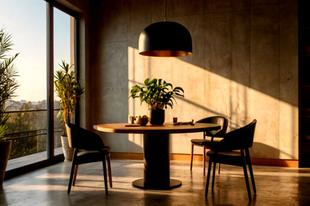 Interior of modern dining room with wooden table, chairs and plants