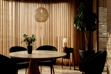 interior of modern cafe with wooden wall, table and chairs.