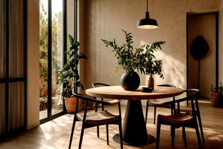 Interior of a modern living room with a wooden table, chairs and plants