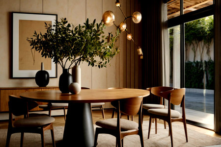Interior of a modern dining room with wooden furniture and plants.