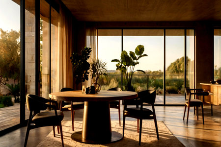 Interior of modern dining room in luxury house with large terrace