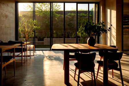 Interior of a restaurant with wooden tables and chairs in the sunlight