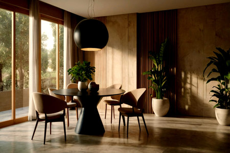 Interior of modern dining room with wooden walls, concrete floor and black chairs. 3d render