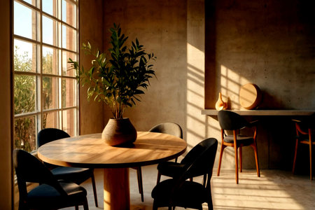 interior of modern dining room with wooden table, chairs and plantの写真素材