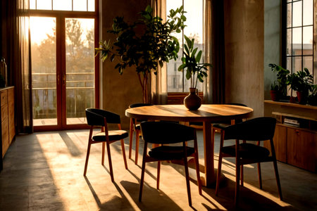 Interior of modern dining room with wooden table, chairs and plant