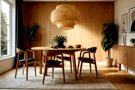 Interior of a modern dining room with wooden furniture and plants.