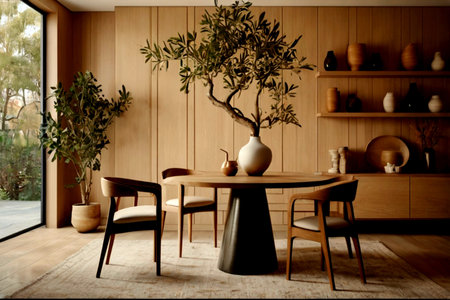 Interior of a modern dining room with a wooden wall and a view of the garden