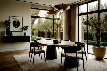 interior of modern house, dining room, kitchen and dining area