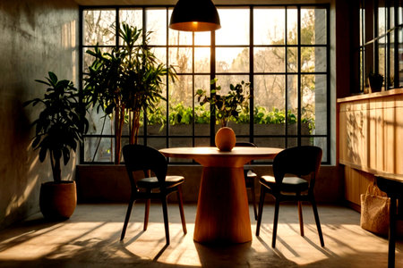 Interior of a cafe with wooden tables and chairs in the sunlight