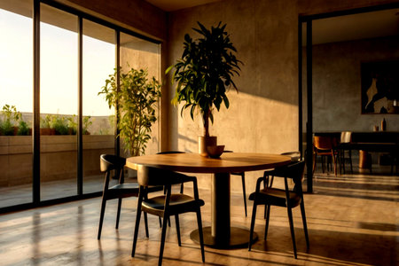 Interior of a cafe with a wooden table, chairs and a plant
