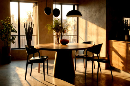 interior of modern dining room with wooden table and black chairs.