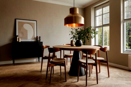 Interior of a modern dining room with a round table and chairsの写真素材