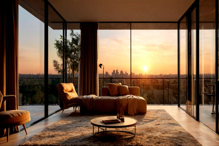 Luxury living room interior with panoramic windows overlooking the sunset